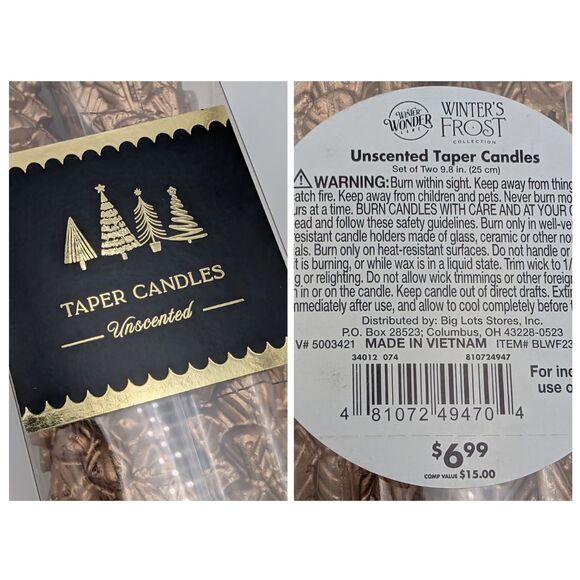 Gold Christmas Tree Taper Candles Unscented (4) 10" Metallic Holiday Decor Pine - Picture 4 of 6
